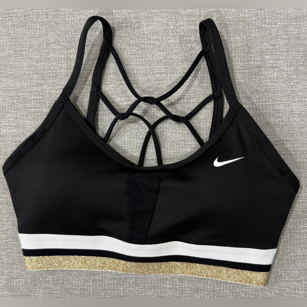 Nike Dri-FIT Strappy Sports Bra‎ Black Gold Glitter White Stripe Small
